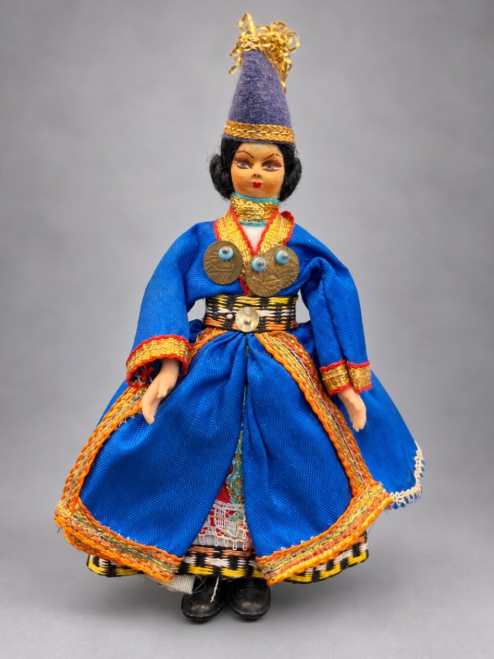Vintage Turkish Folk Doll 5" Traditional Costume Blue Dress Handmade Souvenir